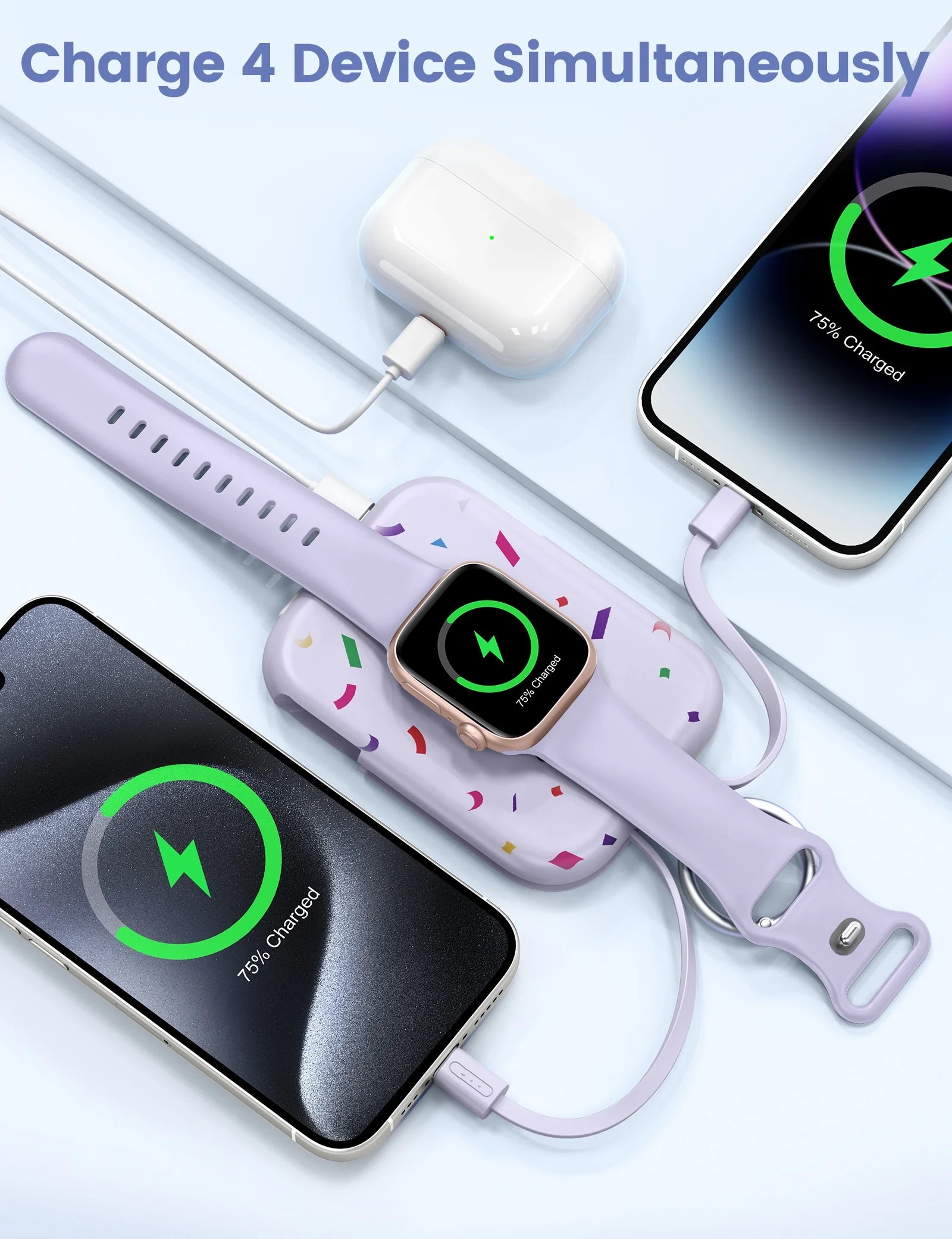 Portable Charger, 5000Mah Power Bank - Apple Watch Charger with Built-In Cables,Travel-Ready Portable Charger for Iphone 17/ 16/15/14 ,Android ,Apple Watch Ultra2/11/10/9/8, Confetti-Purple